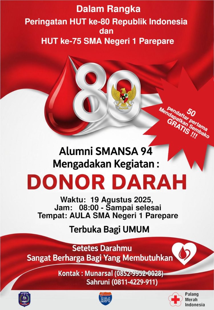 Ayo Donor Darah Bersama Alumni 94 SMAN 1 Parepare, di Aula SMAN 1, Selasa 19 Agustus