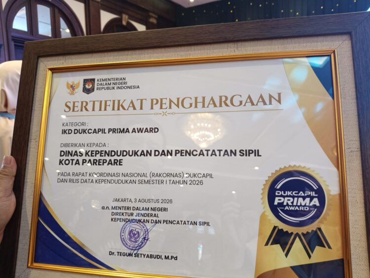 Parepare Raih Penghargaan IKD Disdukcapil Prima Award 2026, Satu-satunya di Kawasan Indonesia Timur